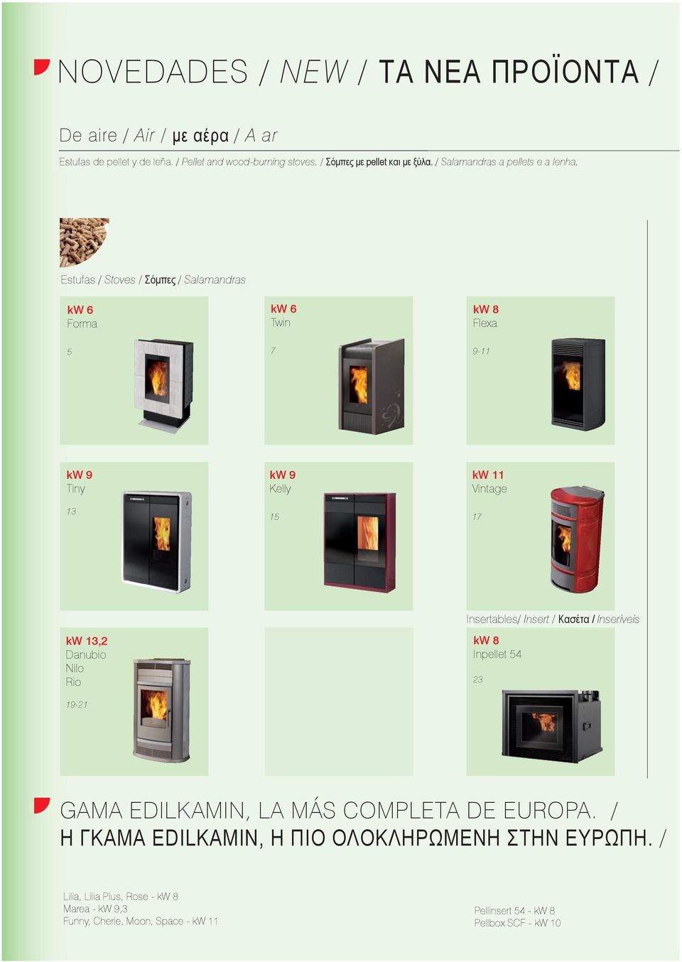 Estufas / Stoves / Σόμπες / Salamandras kw 6 Forma kw 6 Twin kw 8 Flexa 5 7 9-11 kw 9 Tiny 13 kw 9 Kelly 15 kw 11 Vintage 17 kw 13,2 Danubio Nilo Rio 19-21