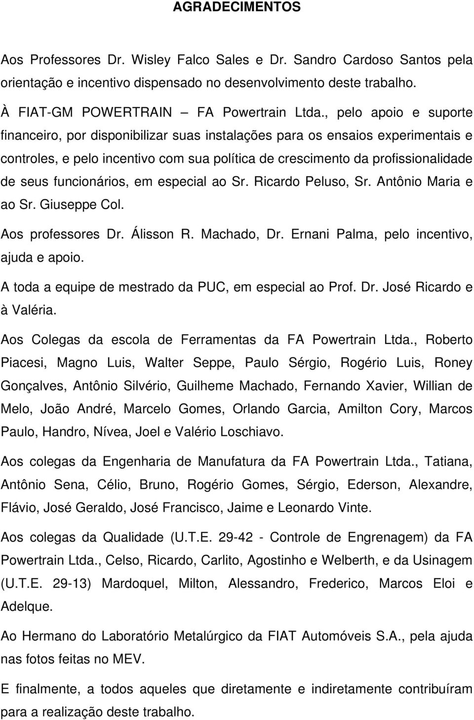 funcionários, em especial ao Sr. Ricardo Peluso, Sr. Antônio Maria e ao Sr. Giuseppe Col. Aos professores Dr. Álisson R. Machado, Dr. Ernani Palma, pelo incentivo, ajuda e apoio.