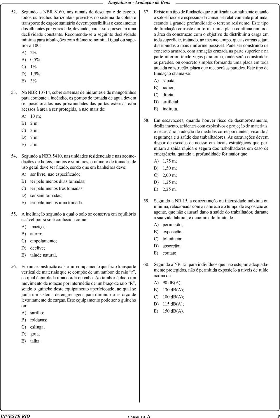 Recomenda-se a seguinte declividade mínima para tubulações com diâmetro nominal igual ou superior a 100: A) 2% B) 0,5% C) 1% D) 1,5% E) 3% 53.