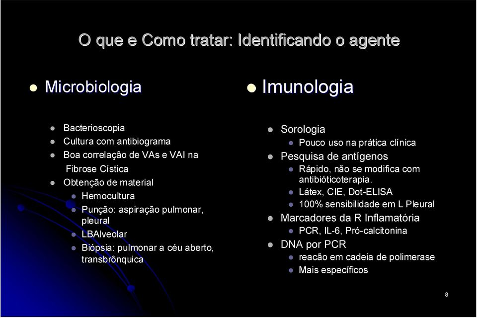 transbrônquica Sorologia Pouco uso na prática clínica Pesquisa de antígenos Rápido, não se modifica com antibióticoterapia.