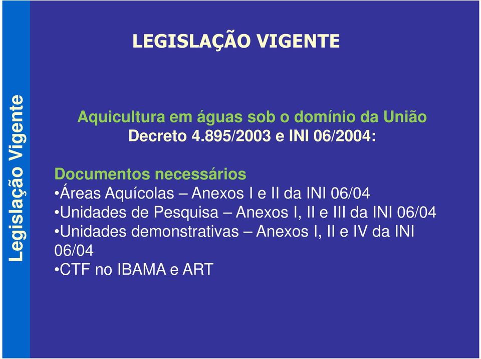 895/2003 e INI 06/2004: Documentos necessários Áreas Aquícolas Anexos I e II