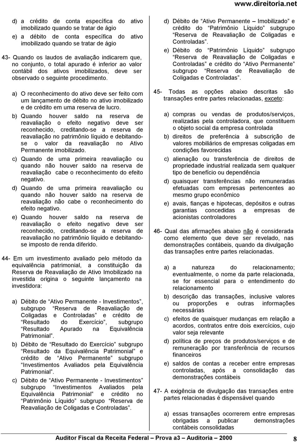 d) Débito de Ativo Permanente Imobilizado e crédito do Patrimônio Líquido subgrupo Reserva de Reavaliação de Coligadas e Controladas.