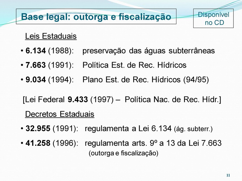 de Rec. Hídricos (94/95) [Lei Federal 9.433 (1997) Política Nac. de Rec. Hídr.] Decretos Estaduais 32.