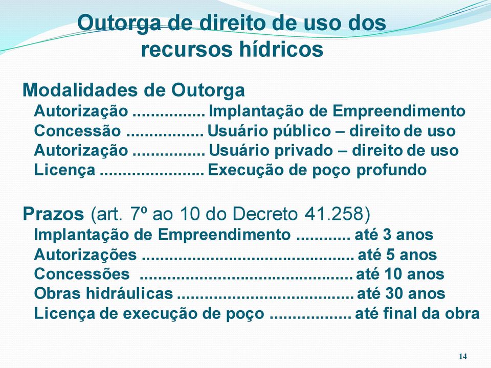 .. Usuário privado direito de uso Licença... Execução de poço profundo Prazos (art. 7º ao 10 do Decreto 41.