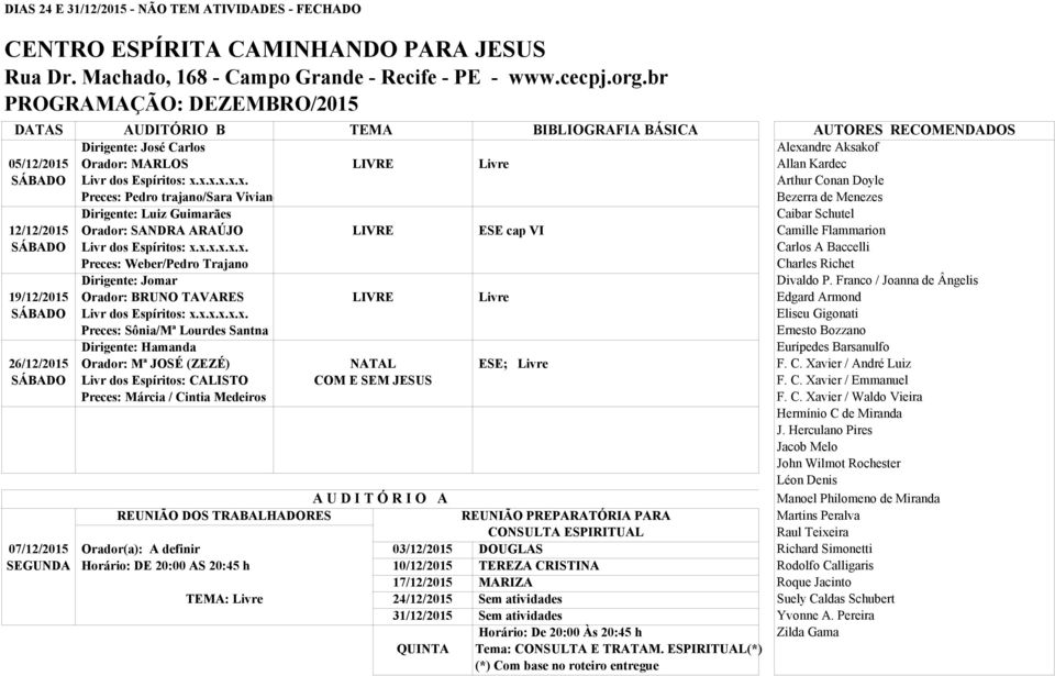 trajano/sara Viviane Arthur Conan Doyle Bezerra de Menezes Dirigente: Luiz Guimarães Caibar Schutel 12/12/2015 Orador: SANDRA ARAÚJO LIVRE ESE cap VI Camille Flammarion Preces: Weber/Pedro Trajano