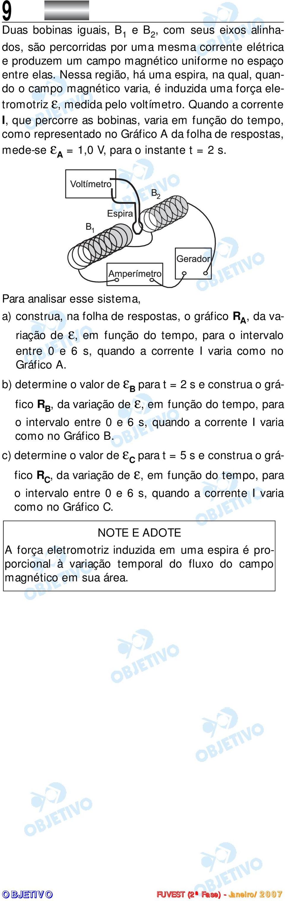 Quando a corrente I, que percorre as bobinas, varia em função do tempo, como representado no Gráfico A da folha de respostas, mede-se ε A 1,0 V, para o instante t 2 s.