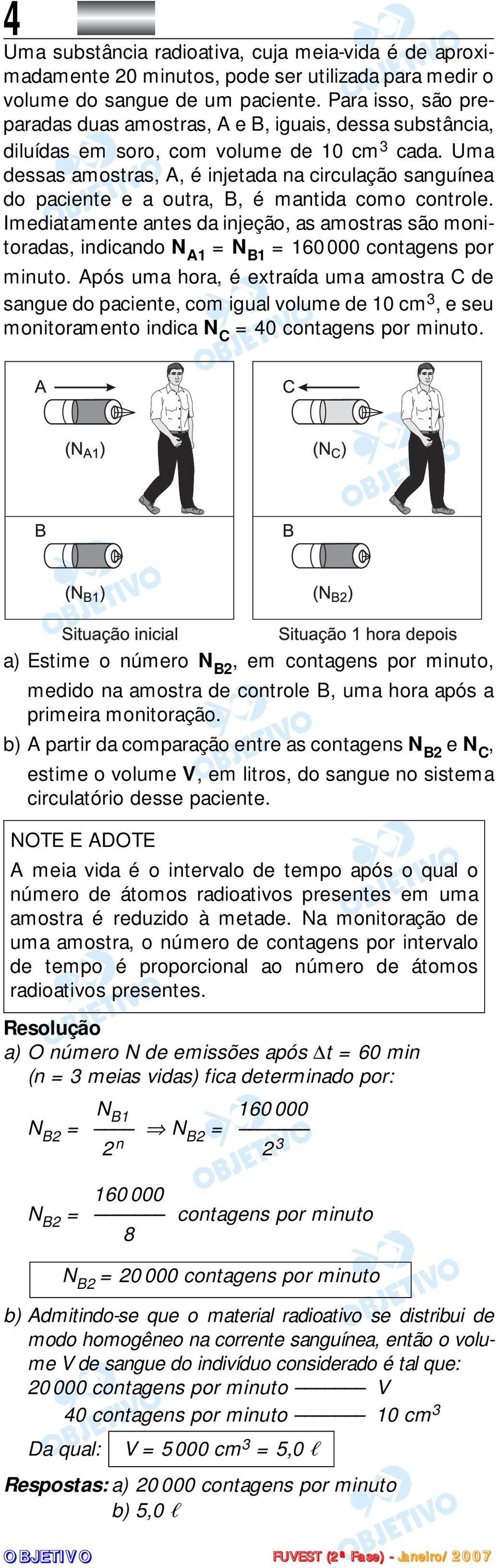 Uma dessas amostras, A, é injetada na circulação sanguínea do paciente e a outra, B, é mantida como controle.