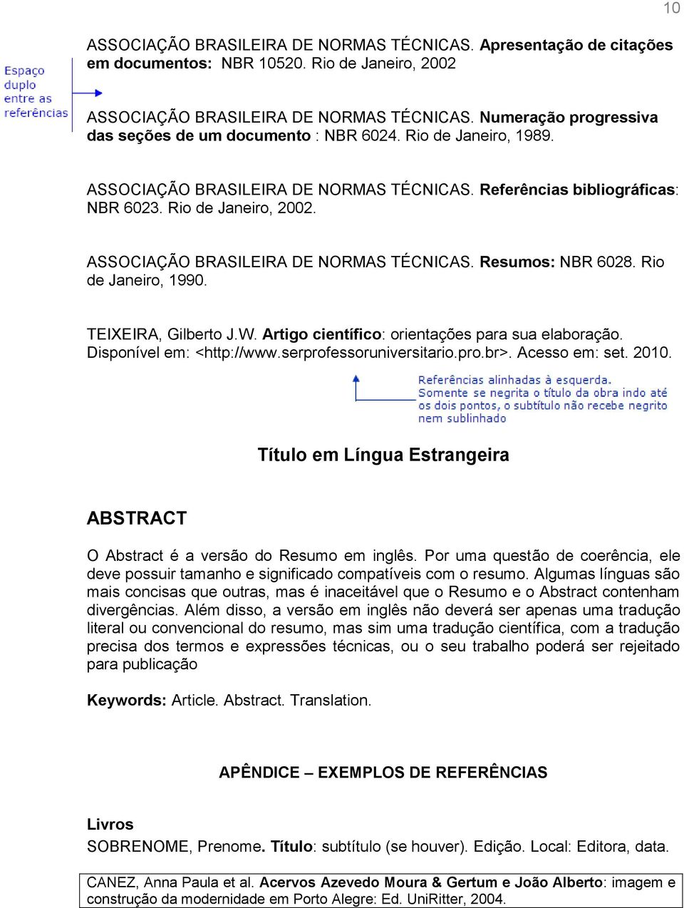 ASSOCIAÇÃO BRASILEIRA DE NORMAS TÉCNICAS. Resumos: NBR 6028. Rio de Janeiro, 1990. TEIXEIRA, Gilberto J.W. Artigo científico: orientações para sua elaboração. Disponível em: <http://www.