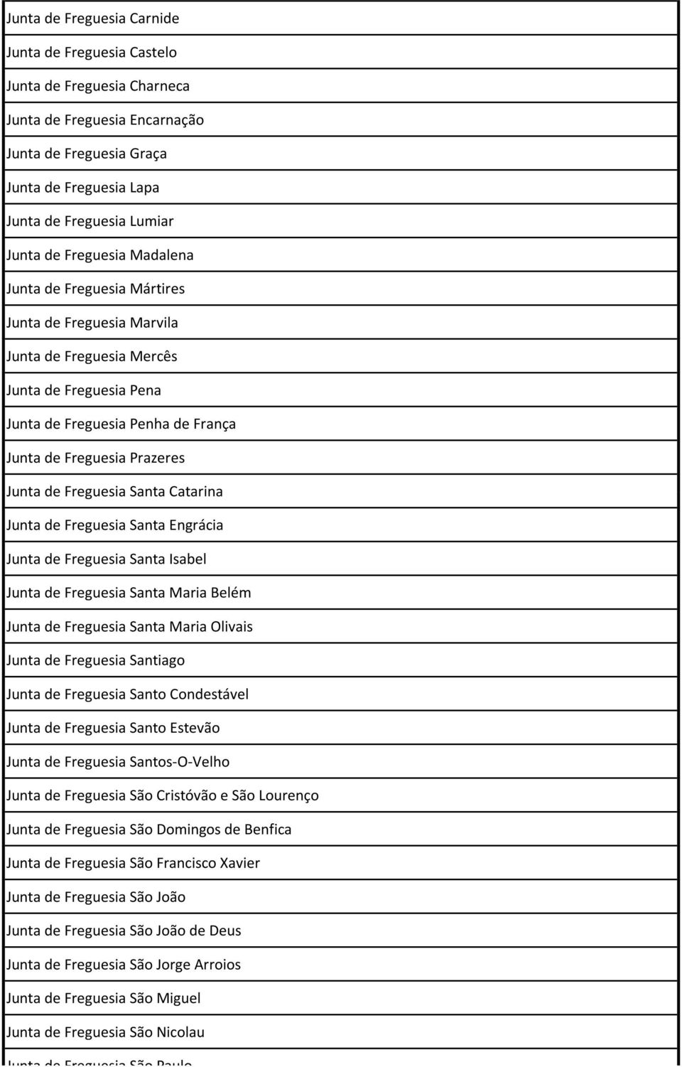 Freguesia Santa Catarina Junta de Freguesia Santa Engrácia Junta de Freguesia Santa Isabel Junta de Freguesia Santa Maria Belém Junta de Freguesia Santa Maria Olivais Junta de Freguesia Santiago