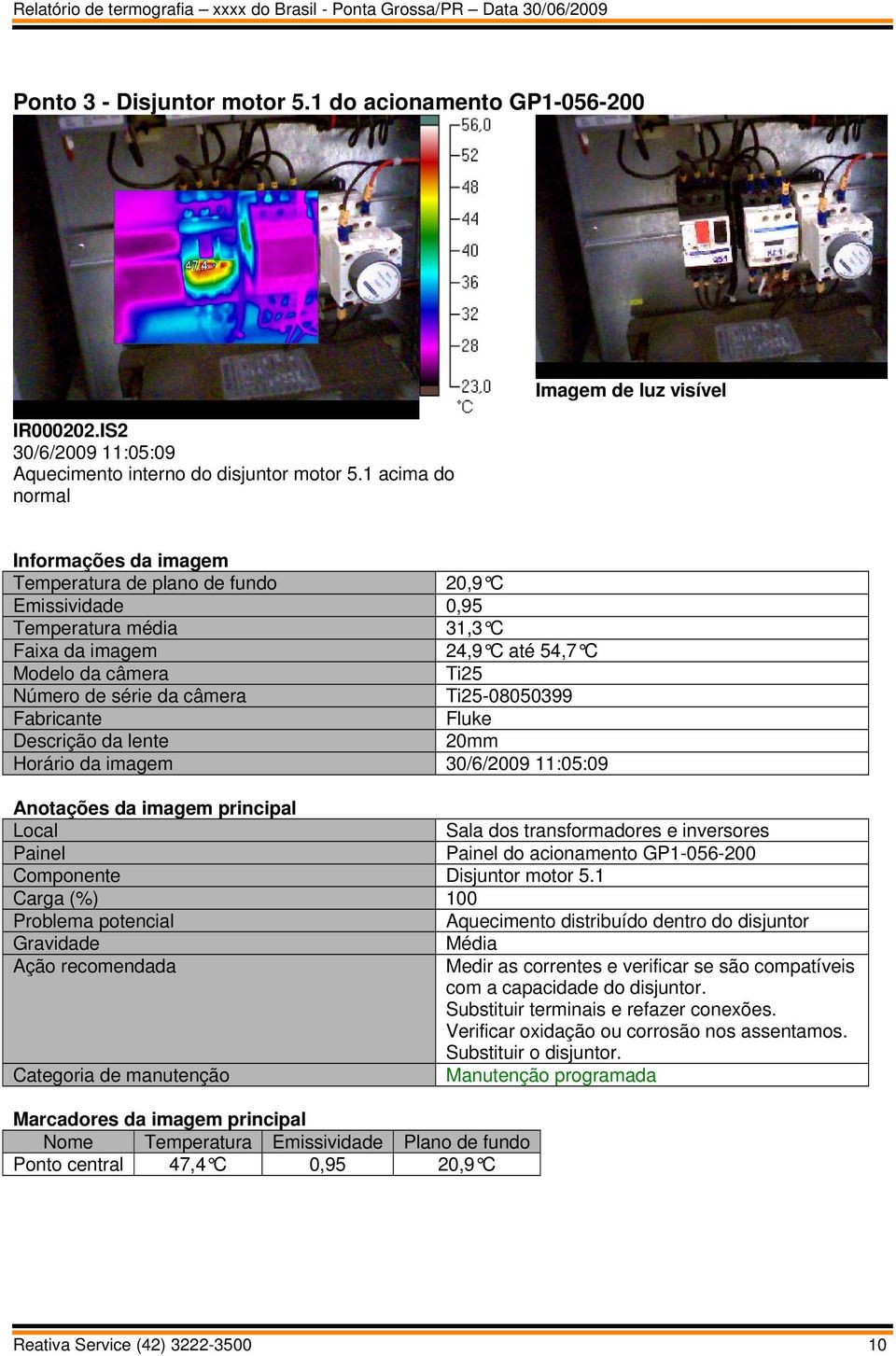 Número de série da câmera Ti25-08050399 Fabricante Fluke Descrição da lente 20mm Horário da imagem 30/6/2009 11:05:09 Anotações da imagem principal Local Sala dos transformadores e inversores Painel