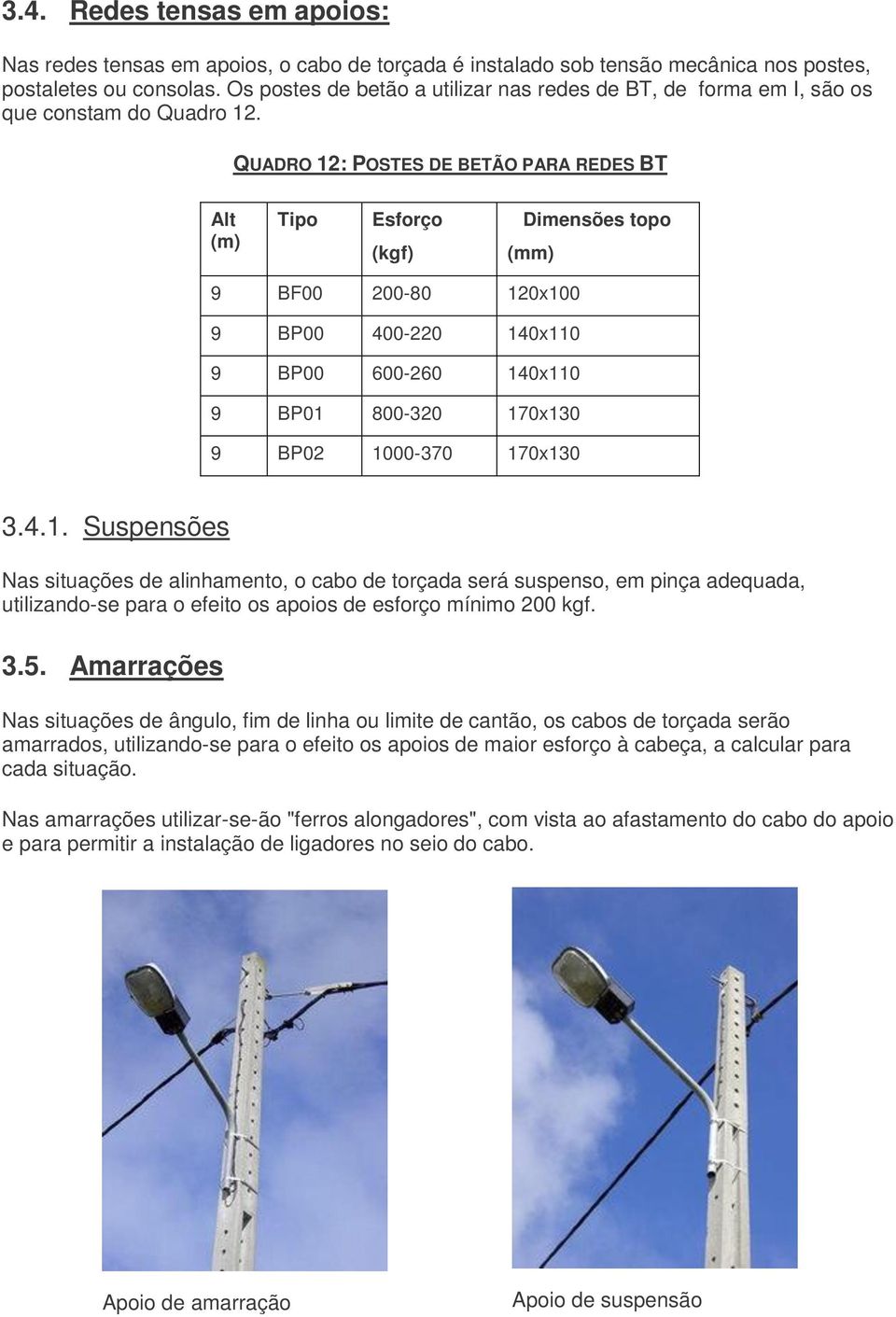 QUADRO 12: POSTES DE BETÃO PARA REDES BT Alt (m) Tipo Esforço (kgf) Dimensões topo (mm) 9 BF00 200-80 120x100 9 BP00 400-220 140x110 9 BP00 600-260 140x110 9 BP01 800-320 170x130 9 BP02 1000-370