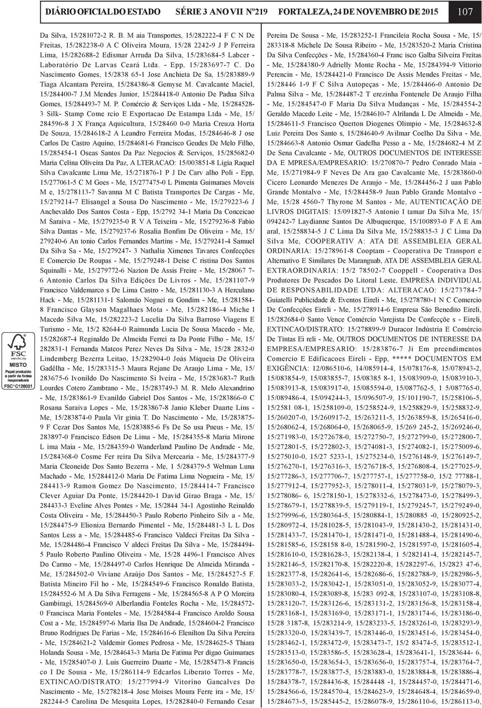 Ltda. - Epp, 15/283697-7 C. Do Nascimento Gomes, 15/2838 65-1 Jose Anchieta De Sa, 15/283889-9 Tiaga Alcantara Pereira, 15/284386-8 Gemyse M. Cavalcante Maciel, 15/284400-7 J.