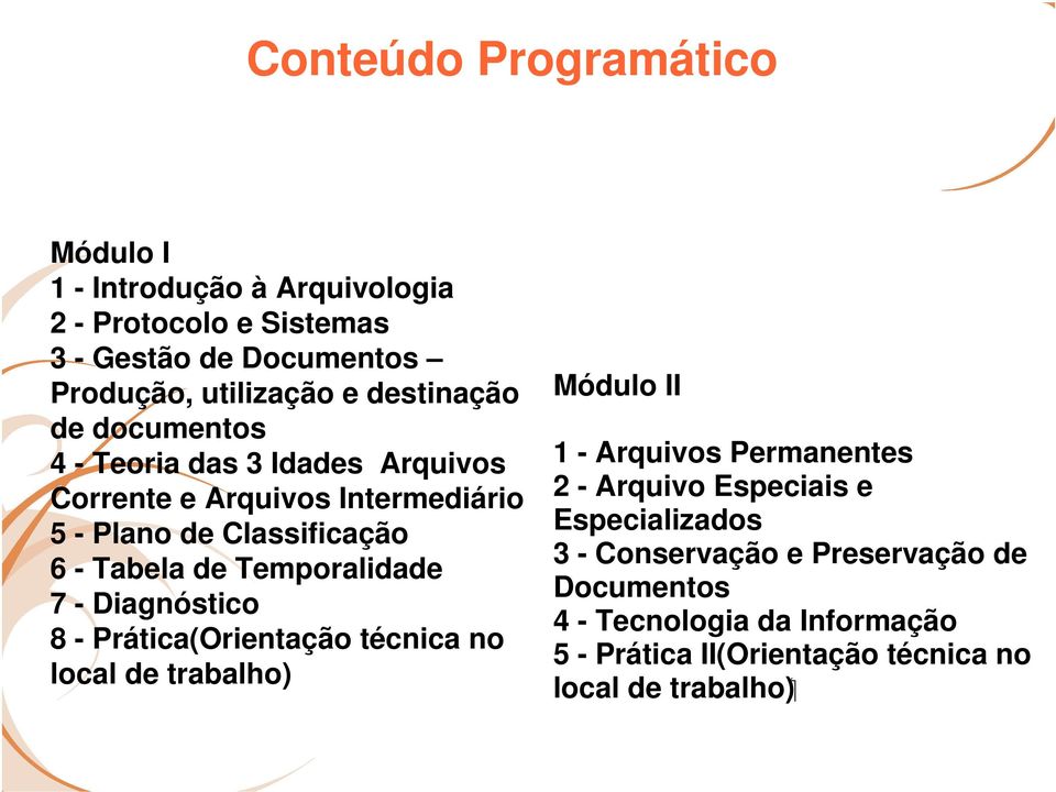 Temporalidade 7 - Diagnóstico 8 - Prática(Orientação técnica no local de trabalho) Módulo II 1 - Arquivos Permanentes 2 - Arquivo