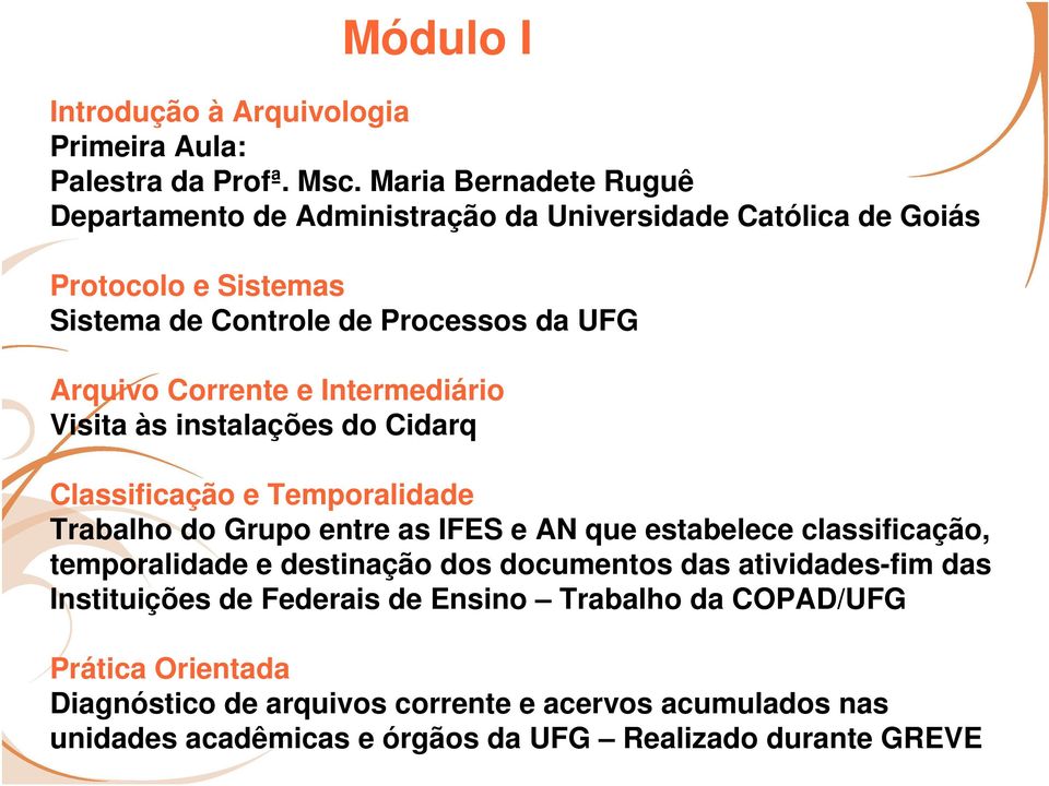 Corrente e Intermediário Visita às instalações do Cidarq Classificação e Temporalidade Trabalho do Grupo entre as IFES e AN que estabelece classificação,