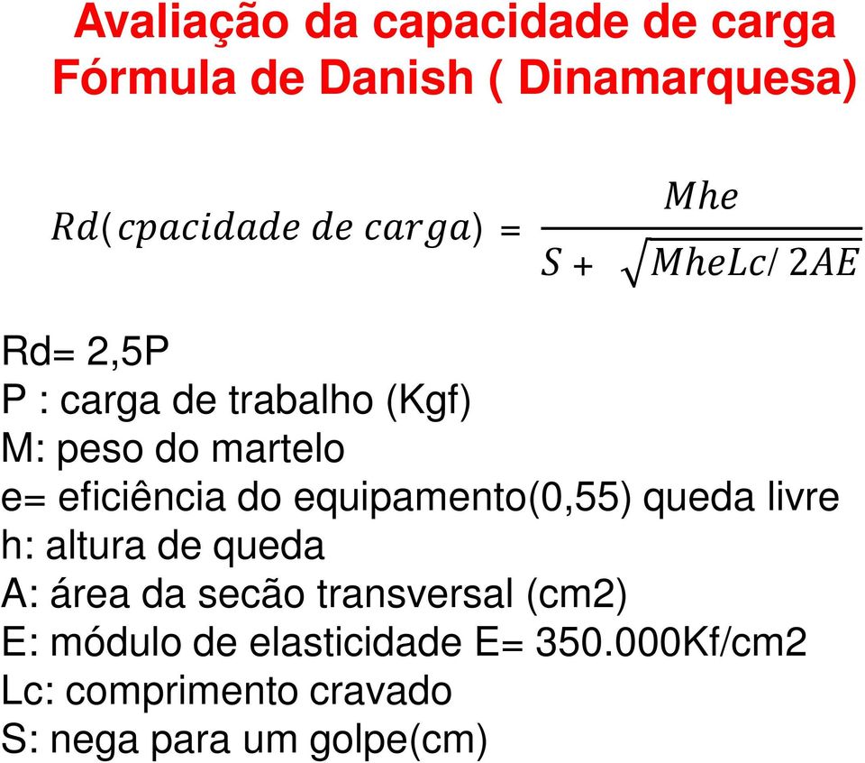 do equipamento(0,55) queda livre h: altura de queda A: área da secão transversal (cm2) E: