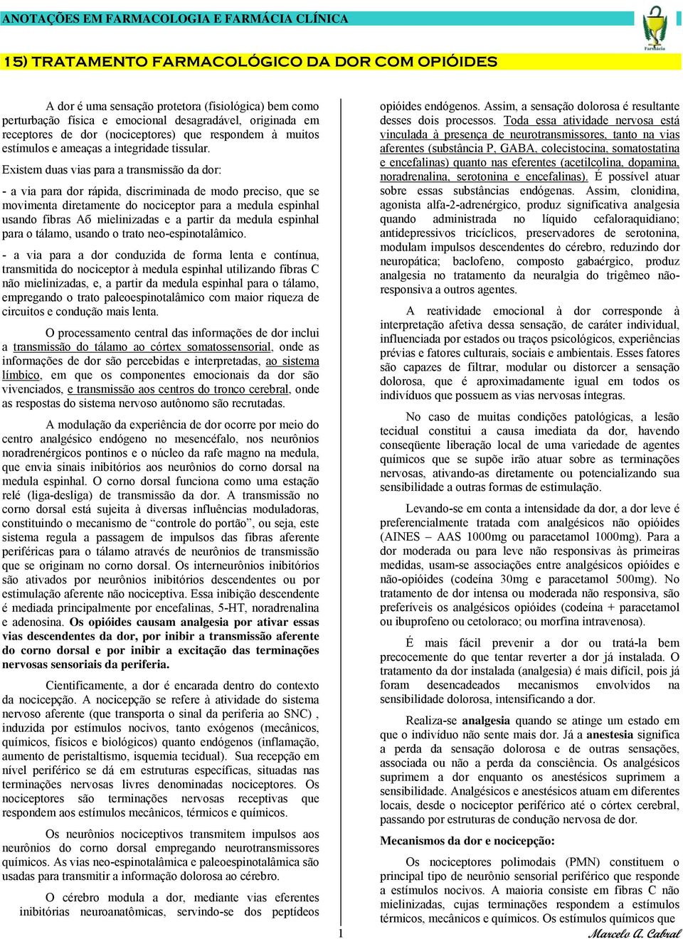 Existem duas vias para a transmissão da dor: - a via para dor rápida, discriminada de modo preciso, que se movimenta diretamente do nociceptor para a medula espinhal usando fibras Aб mielinizadas e a