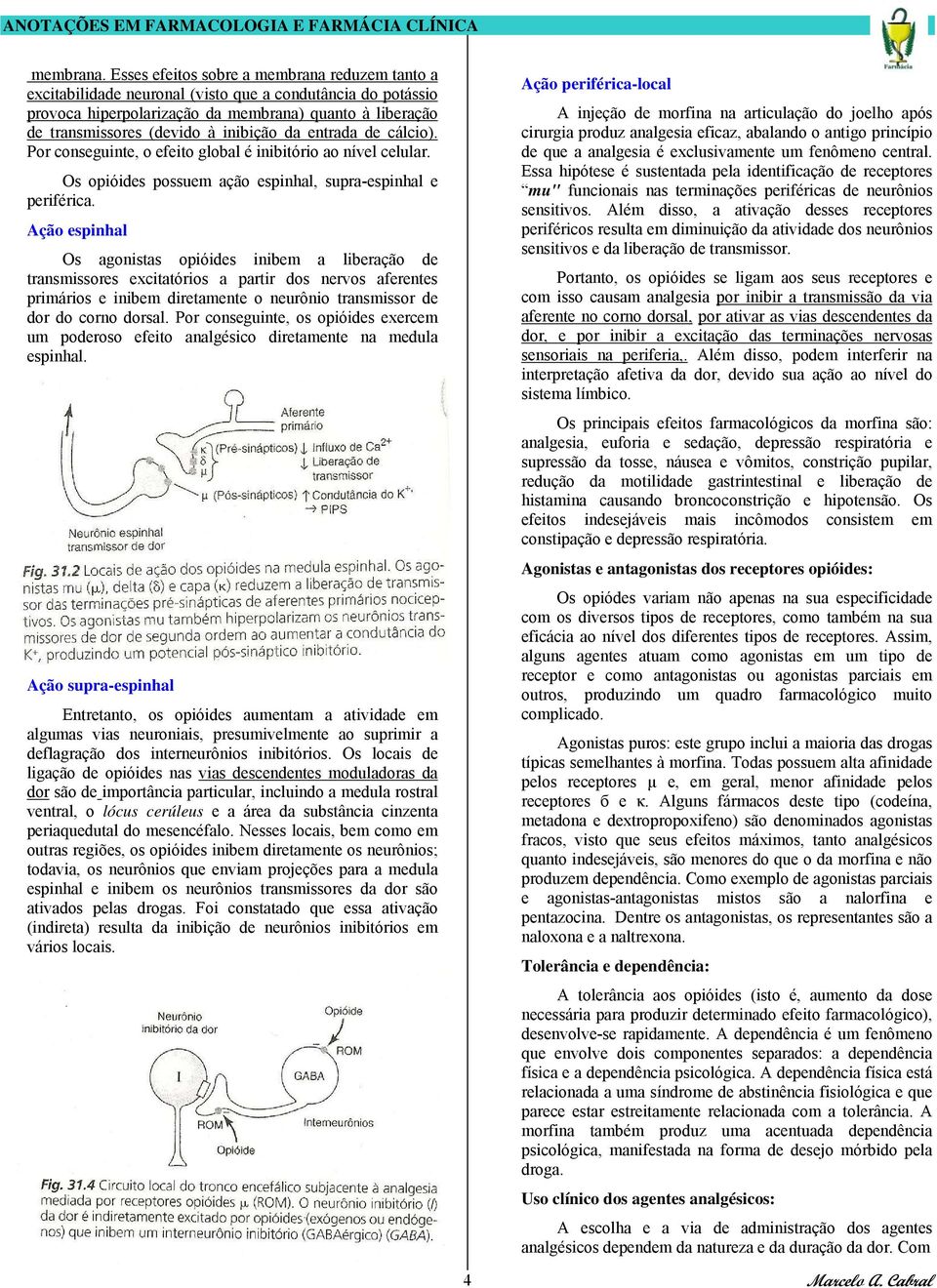 inibição da entrada de cálcio). Por conseguinte, o efeito global é inibitório ao nível celular. Os opióides possuem ação espinhal, supra-espinhal e periférica.