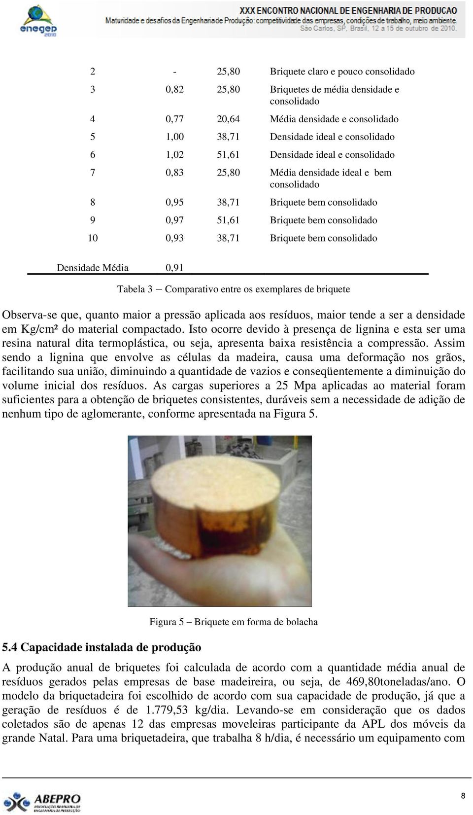 Densidade Média 0,91 Tabela 3 Comparativo entre os exemplares de briquete Observa-se que, quanto maior a pressão aplicada aos resíduos, maior tende a ser a densidade em Kg/cm² do material compactado.