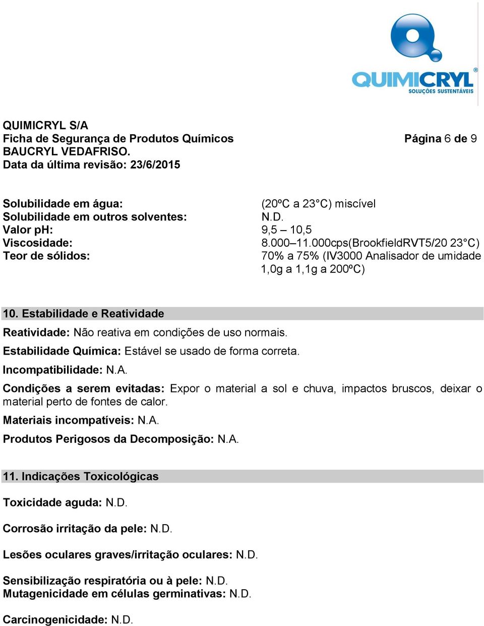 Estabilidade Química: Estável se usado de forma correta. Incompatibilidade: N.A.