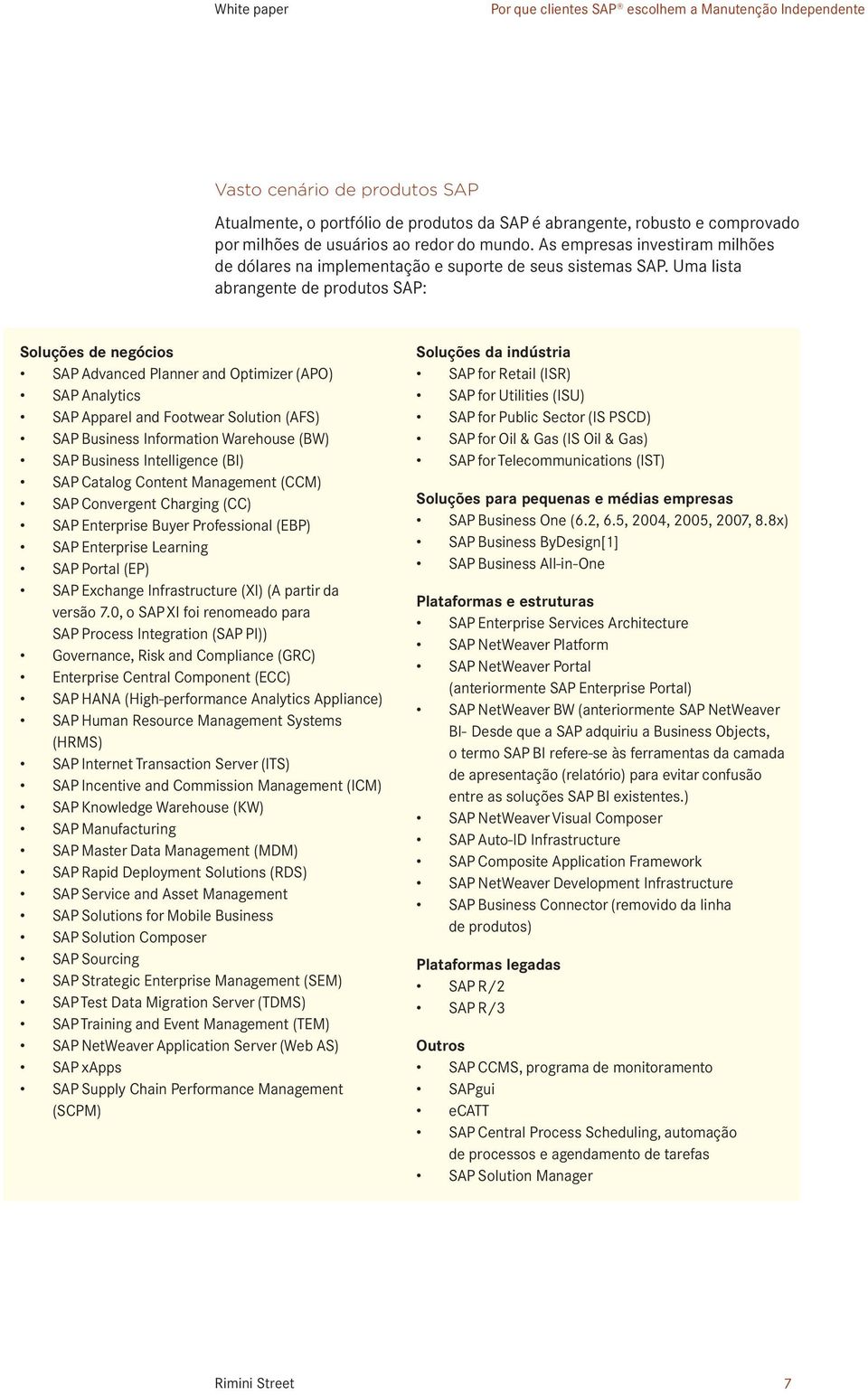 Uma lista abrangente de produtos SAP: Soluções de negócios SAP Advanced Planner and Optimizer (APO) SAP Analytics SAP Apparel and Footwear Solution (AFS) SAP Business Information Warehouse (BW) SAP