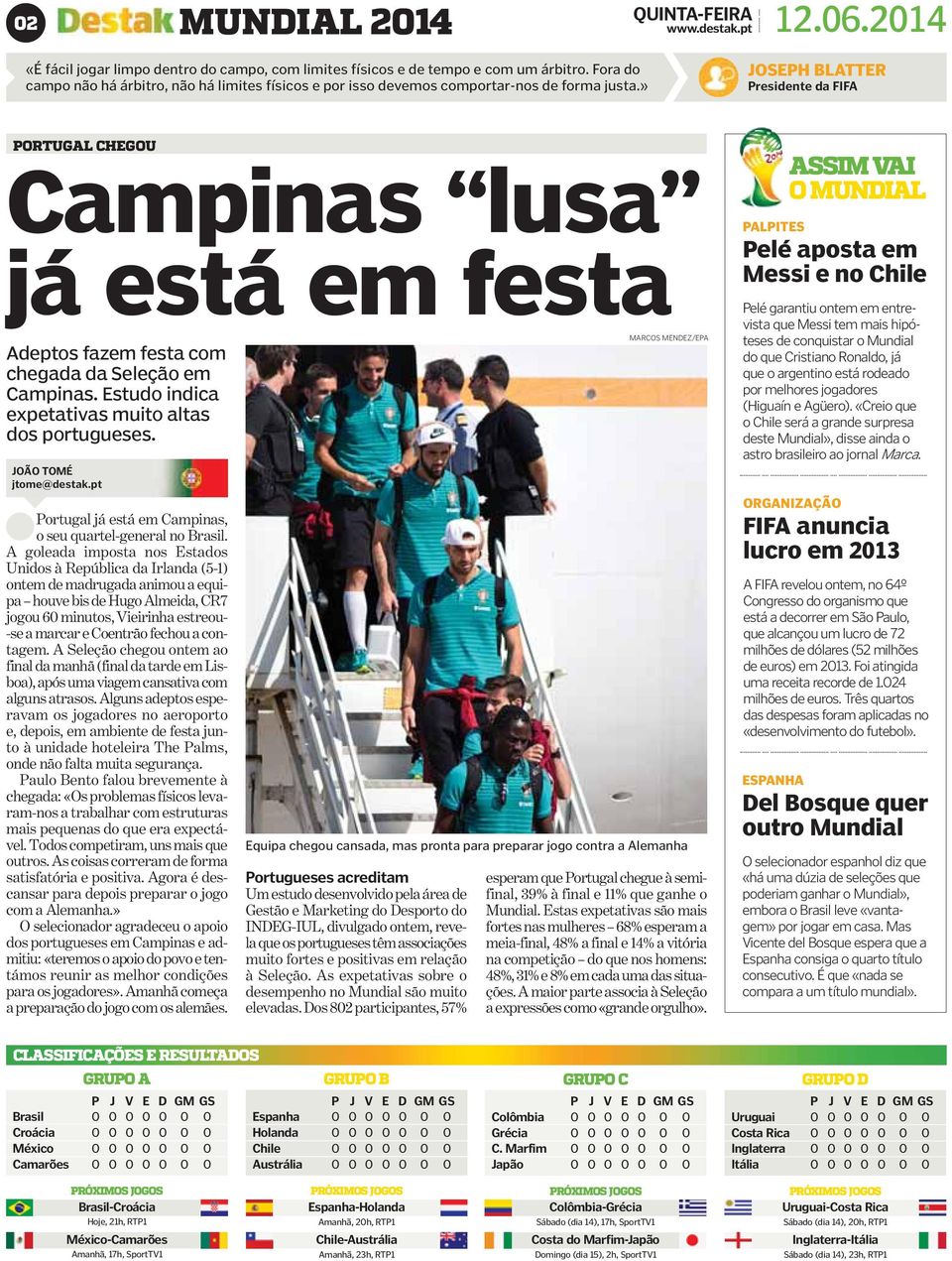 » JOSEPH BLATTER Presidente da FIFA PORTUGAL CHEGOU Campinas lusa já está em festa Adeptos fazem festa com chegada da Seleção em Campinas. Estudo indica expetativas muito altas dos portugueses.