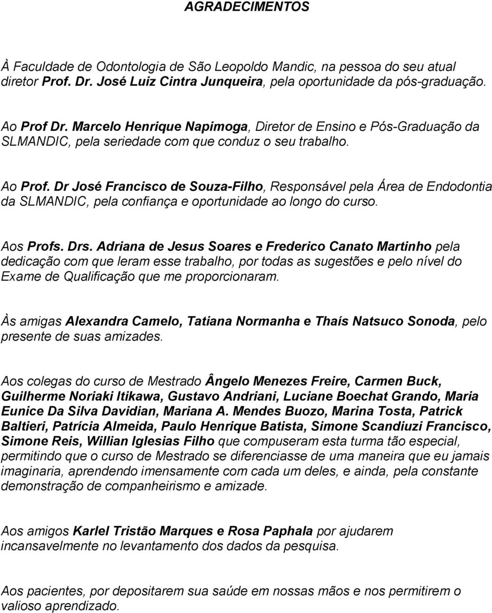 Dr José Francisco de Souza-Filho, Responsável pela Área de Endodontia da SLMANDIC, pela confiança e oportunidade ao longo do curso. Aos Profs. Drs.