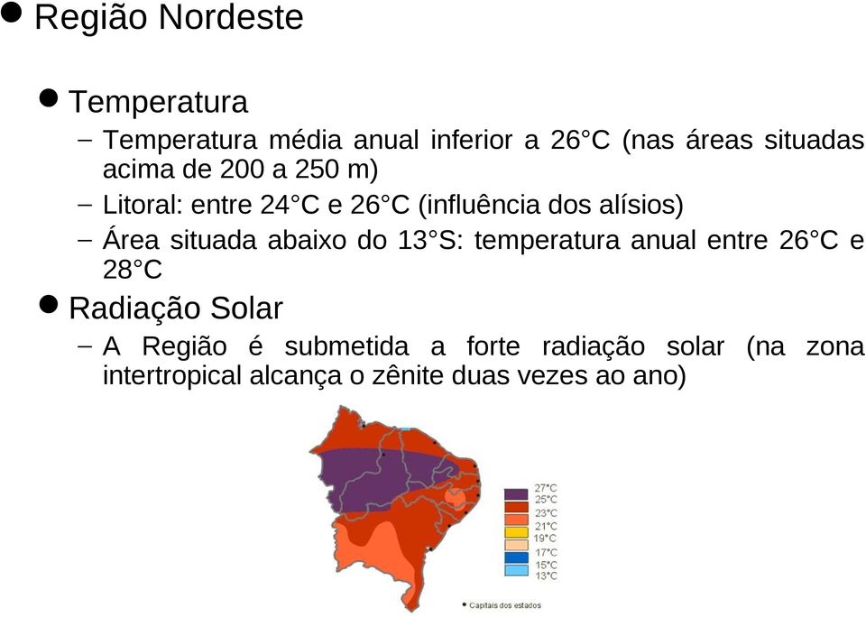 Área situada abaixo do 13 S: temperatura anual entre 26 C e 28 C Radiação Solar A