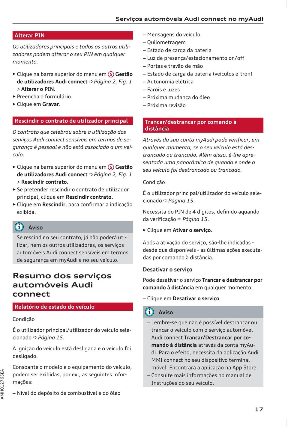 Mensagens do veículo Quilometragem Estado de carga da bateria Luz de presença/estacionamento on/off Portas e travão de mão Estado de carga da bateria (veículos e-tron) Autonomia elétrica Faróis e