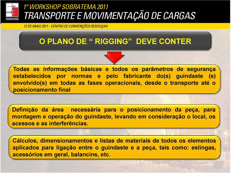 posicionamento i da peça, para montagem e operação do guindaste, levando em consideração o local, os acessos e as interferências.