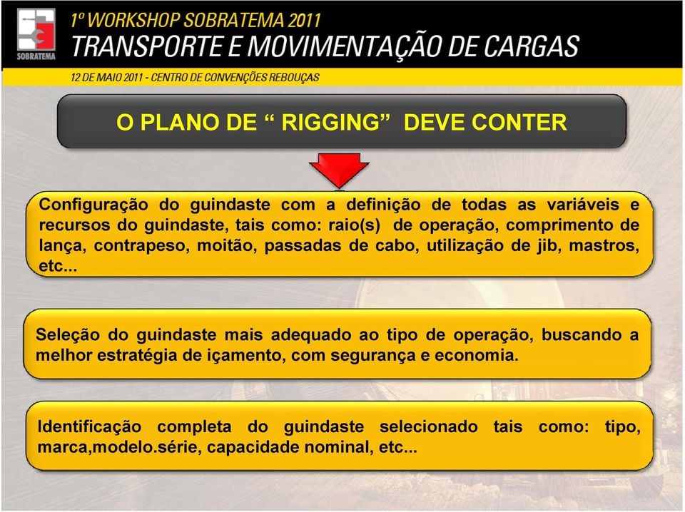 etc... Seleção do guindaste mais adequado ao tipo de operação, buscando a melhor estratégia de içamento, com segurança e