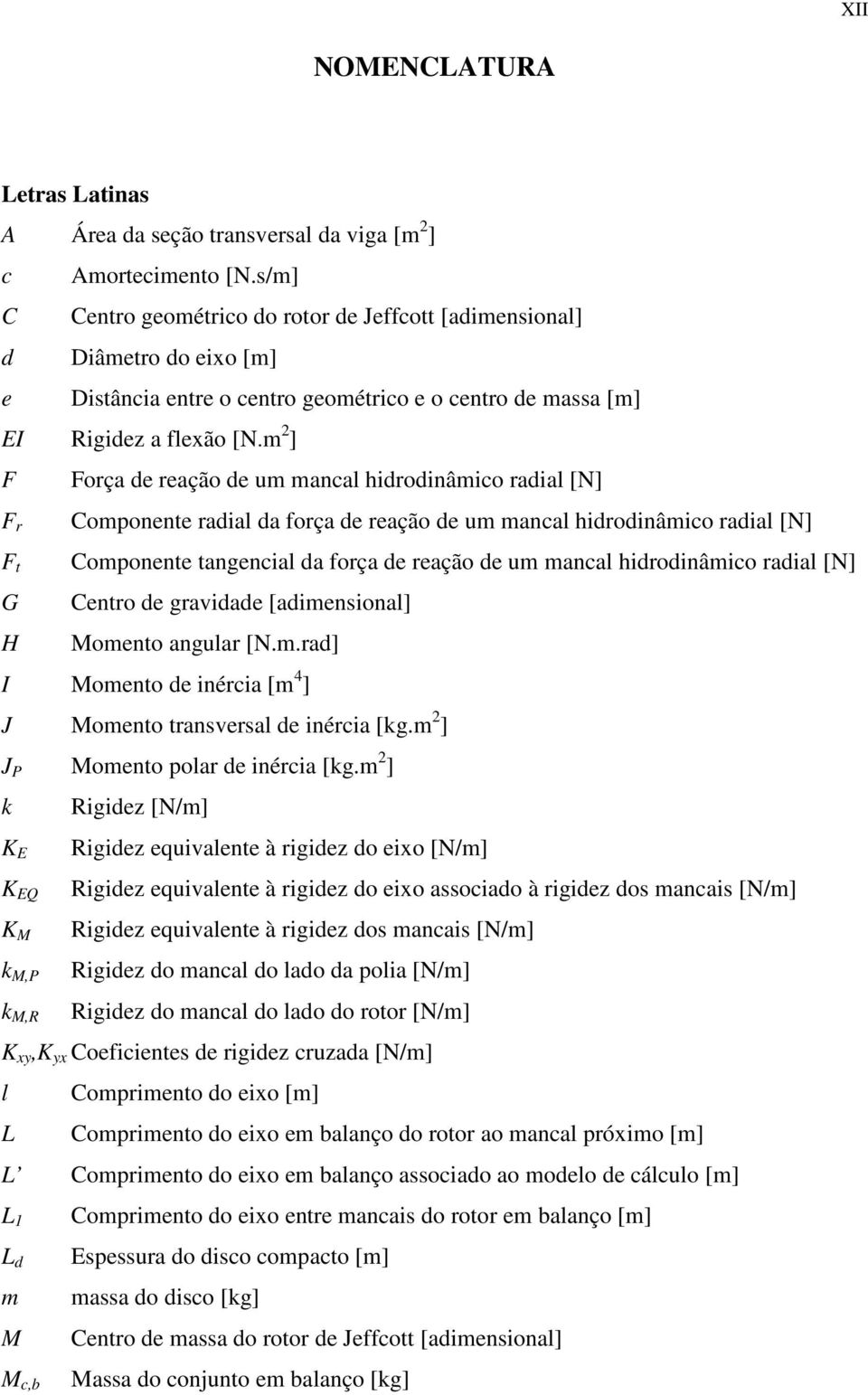 m 2 ] F Força de reação de um mancal hidrodinâmico radial [N] F r F t G H Componente radial da força de reação de um mancal hidrodinâmico radial [N] Componente tangencial da força de reação de um