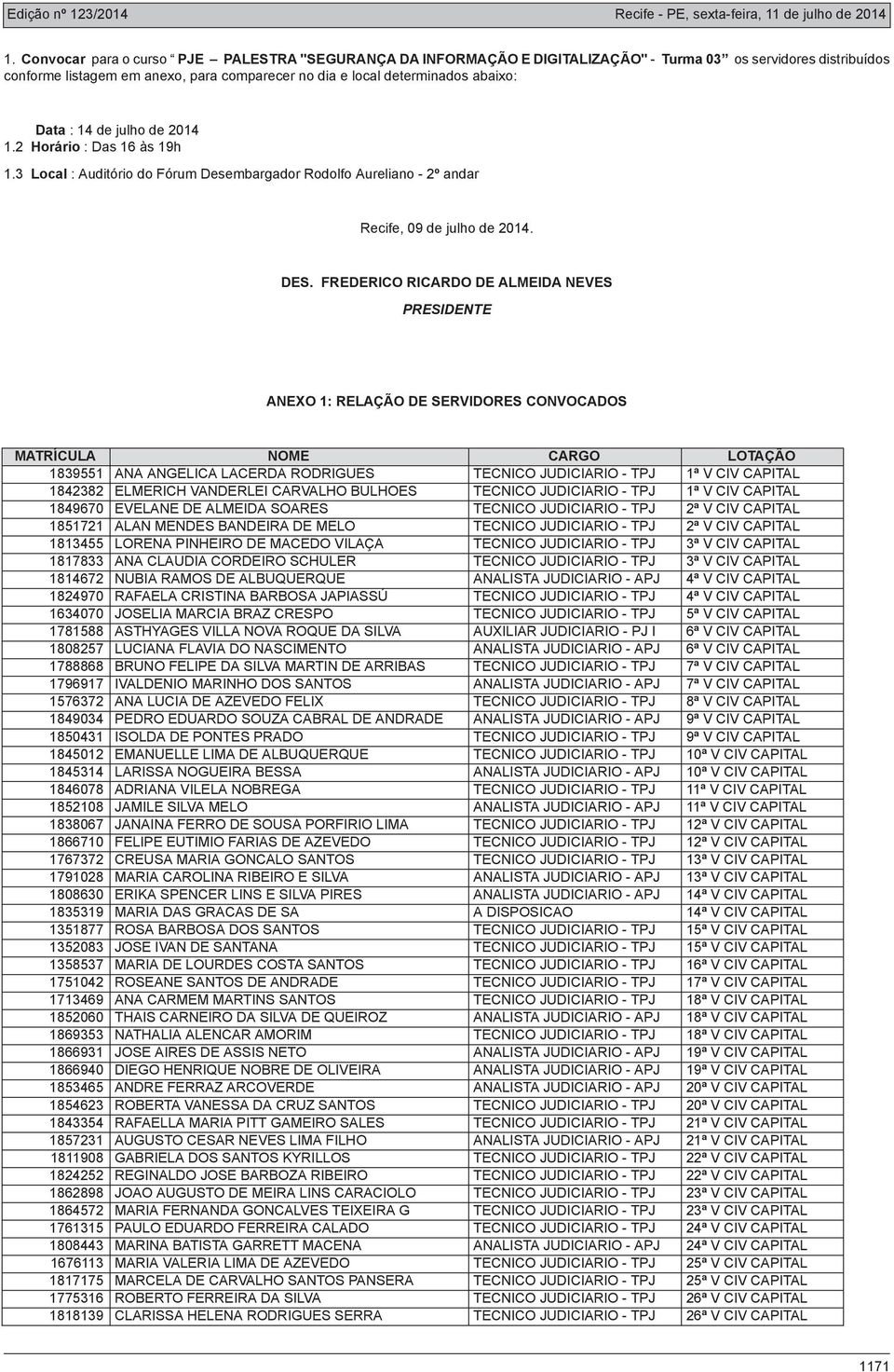 1849670 EVELANE DE ALMEIDA SOARES TECNICO JUDICIARIO - TPJ 2ª V CIV CAPITAL 1851721 ALAN MENDES BANDEIRA DE MELO TECNICO JUDICIARIO - TPJ 2ª V CIV CAPITAL 1813455 LORENA PINHEIRO DE MACEDO VILAÇA