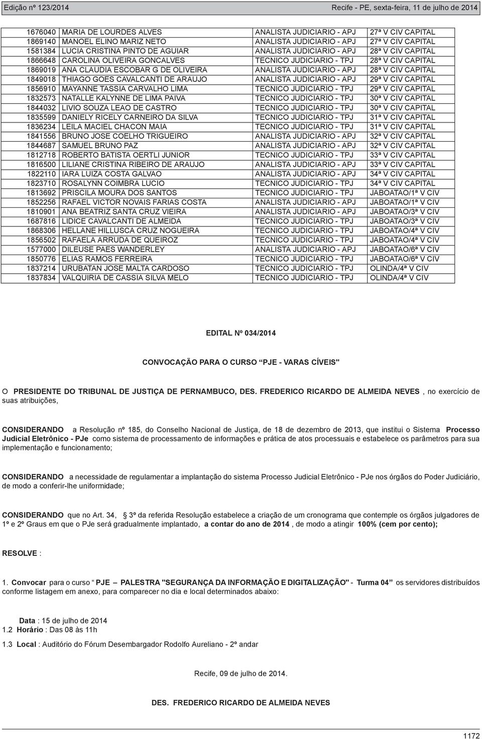 1849018 THIAGO GOES CAVALCANTI DE ARAUJO ANALISTA JUDICIARIO - APJ 29ª V CIV CAPITAL 1856910 MAYANNE TASSIA CARVALHO LIMA TECNICO JUDICIARIO - TPJ 29ª V CIV CAPITAL 1832573 NATALLE KALYNNE DE LIMA