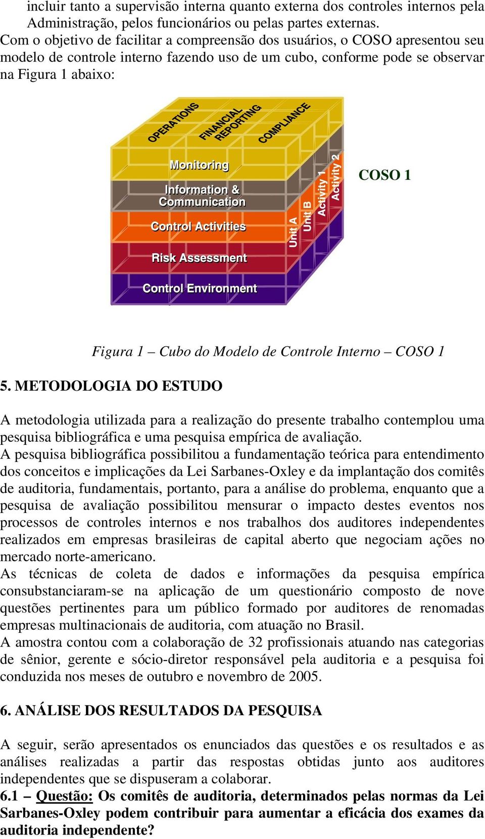 Modelo de Controle Interno COSO 1 5. METODOLOGIA DO ESTUDO A metodologia utilizada para a realização do presente trabalho contemplou uma pesquisa bibliográfica e uma pesquisa empírica de avaliação.