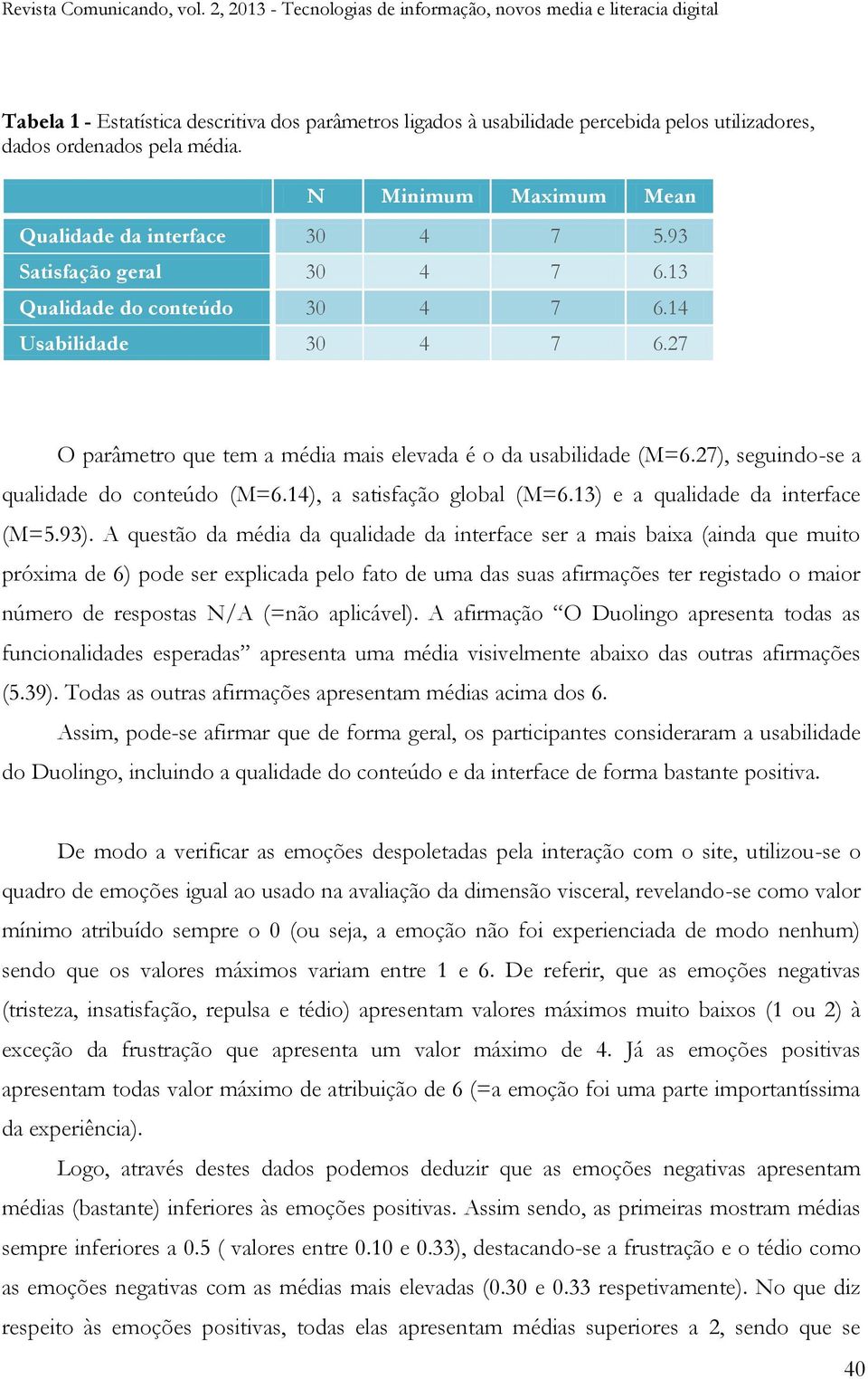 27), seguindo-se a qualidade do conteúdo (M=6.14), a satisfação global (M=6.13) e a qualidade da interface (M=5.93).