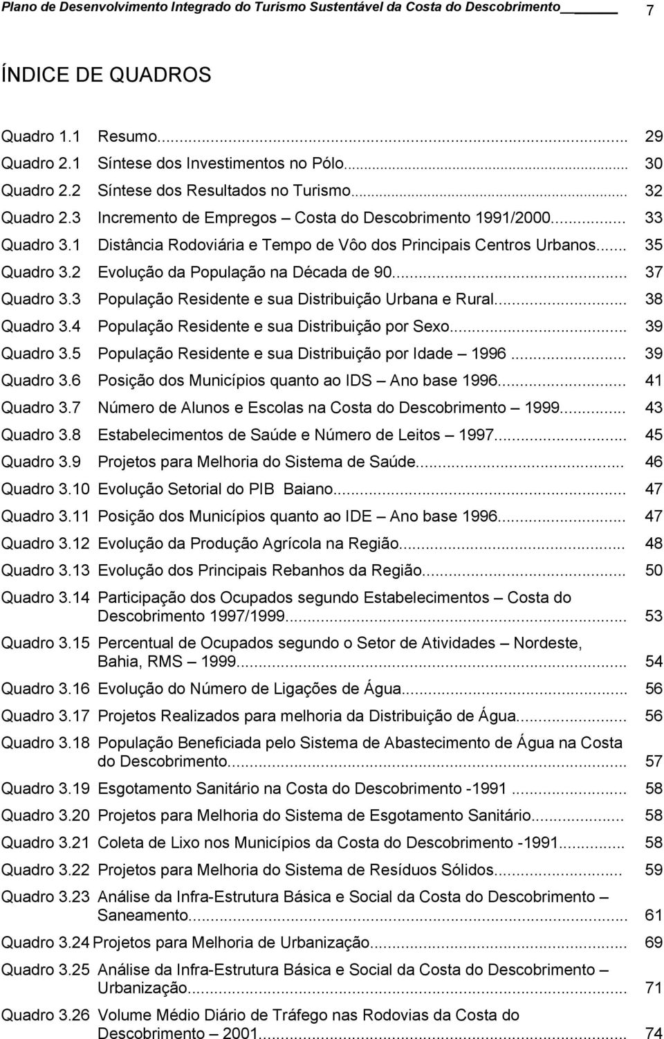 .. 35 Quadro 3.2 Evolução da População na Década de 90... 37 Quadro 3.3 População Residente e sua Distribuição Urbana e Rural... 38 Quadro 3.4 População Residente e sua Distribuição por Sexo.