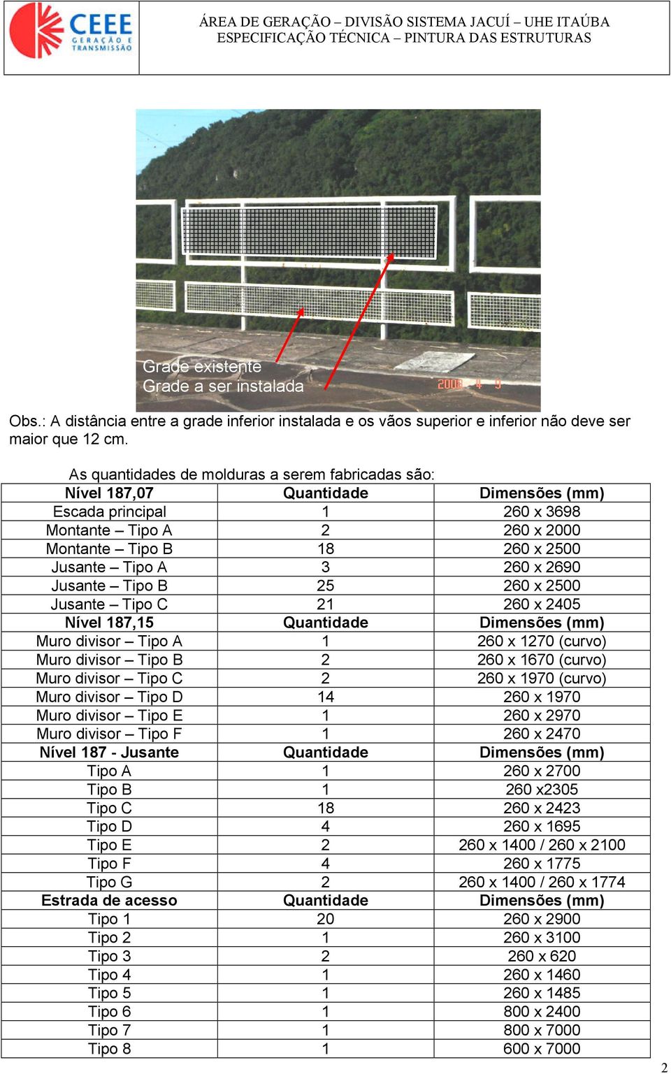 x 2690 Jusante Tipo B 25 260 x 2500 Jusante Tipo C 21 260 x 2405 Nível 187,15 Quantidade Dimensões (mm) Muro divisor Tipo A 1 260 x 1270 (curvo) Muro divisor Tipo B 2 260 x 1670 (curvo) Muro divisor