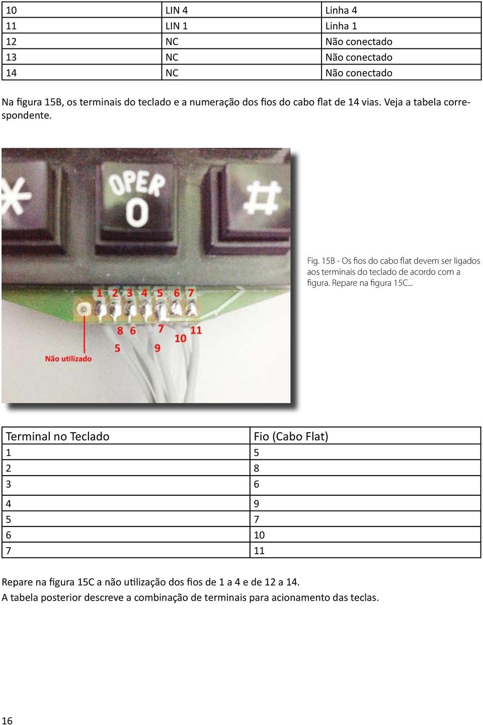 15B - Os fios do cabo flat devem ser ligados aos terminais do teclado de acordo com a figura. Repare na figura 15C.