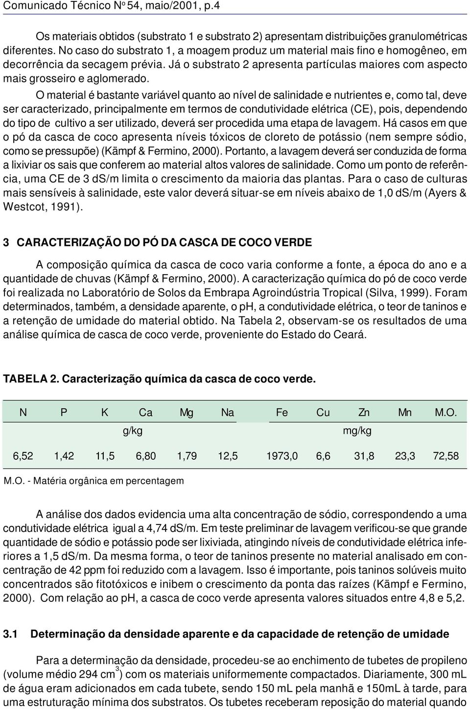 O material é bastante variável quanto ao nível de salinidade e nutrientes e, como tal, deve ser caracterizado, principalmente em termos de condutividade elétrica (CE), pois, dependendo do tipo de