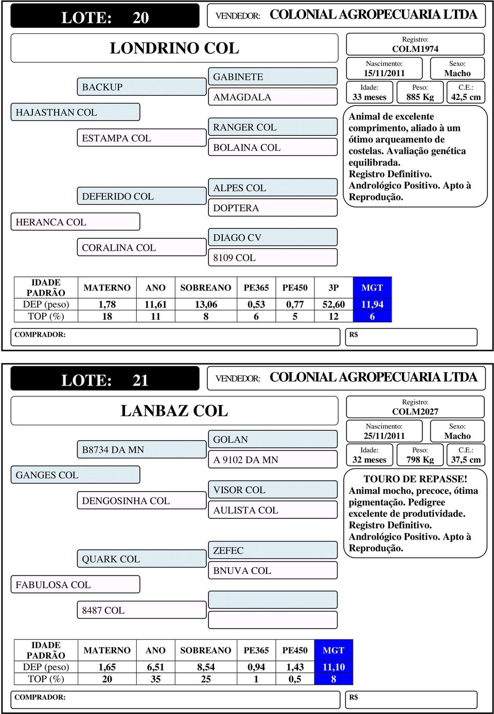 DEP (peso) 1,78 11,61 13,06 0,53 0,77 52,60 11,94 TOP (%) 18 11 8 6 5 12 6 LOTE: 21 LANBAZ COL GOLAN B8734 DA MN A 9102 DA MN GANGES COL VISOR COL DENGOSINHA COL AULISTA COL BNUVA COL FABULOSA