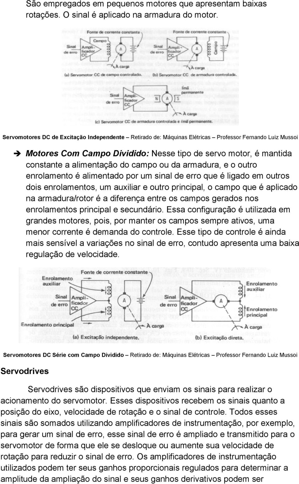 campo ou da armadura, e o outro enrolamento é alimentado por um sinal de erro que é ligado em outros dois enrolamentos, um auxiliar e outro principal, o campo que é aplicado na armadura/rotor é a