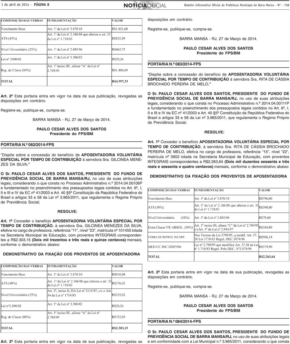 º 083/2014-FPS Dispõe sobre a concessão do benefício de APOSENTADORIA VOLUNTÁRIA ESPECIAL POR TEMPO DE CONTRIBUIÇÃO à servidora Sra. RITA DE CÁSSIA BROCHADO PEREIRA DE MELO. Art.