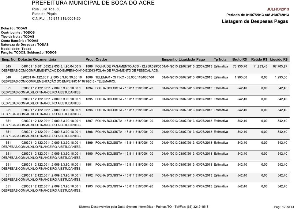 118/0007-64 01/04/2013 08/07/2013 08/07/2013 Estimativa 1.993,00 DESPESAS COM COMPLEMENTAÇÃO DO EMPENHO Nº 071/2013 - TELEMAR/OI. 351 020301 12.122.0011.2.009 3.3.90.18.00 1 1894 FOLHA BOLSISTA - 15.