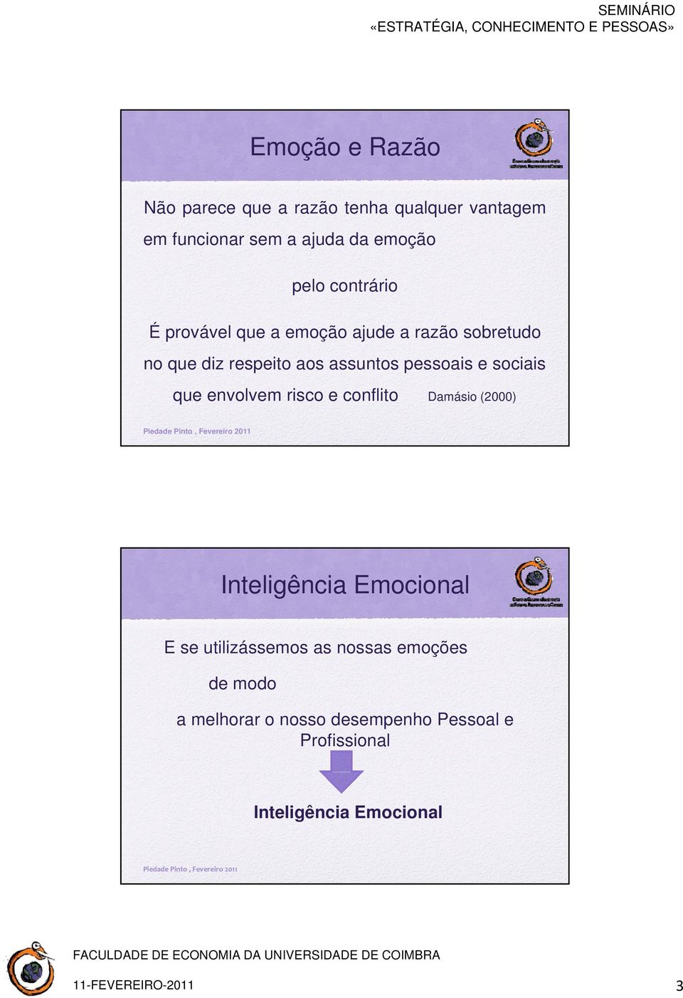 pessoais e sociais que envolvem risco e conflito Damásio (2000) Inteligência Emocional E se