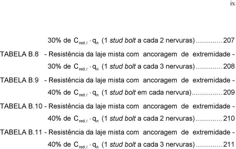 l qn (1 stud bolt em cada nervura)... 209 TABELA B.10 - Resistência da laje mista com ancoragem de extremidade - 40% de Cred.