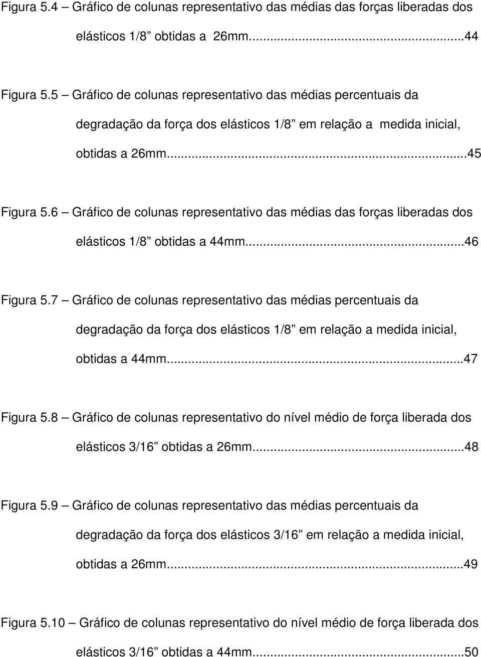 6 Gráfico de colunas representativo das médias das forças liberadas dos elásticos 1/8 obtidas a 44mm...46 Figura 5.