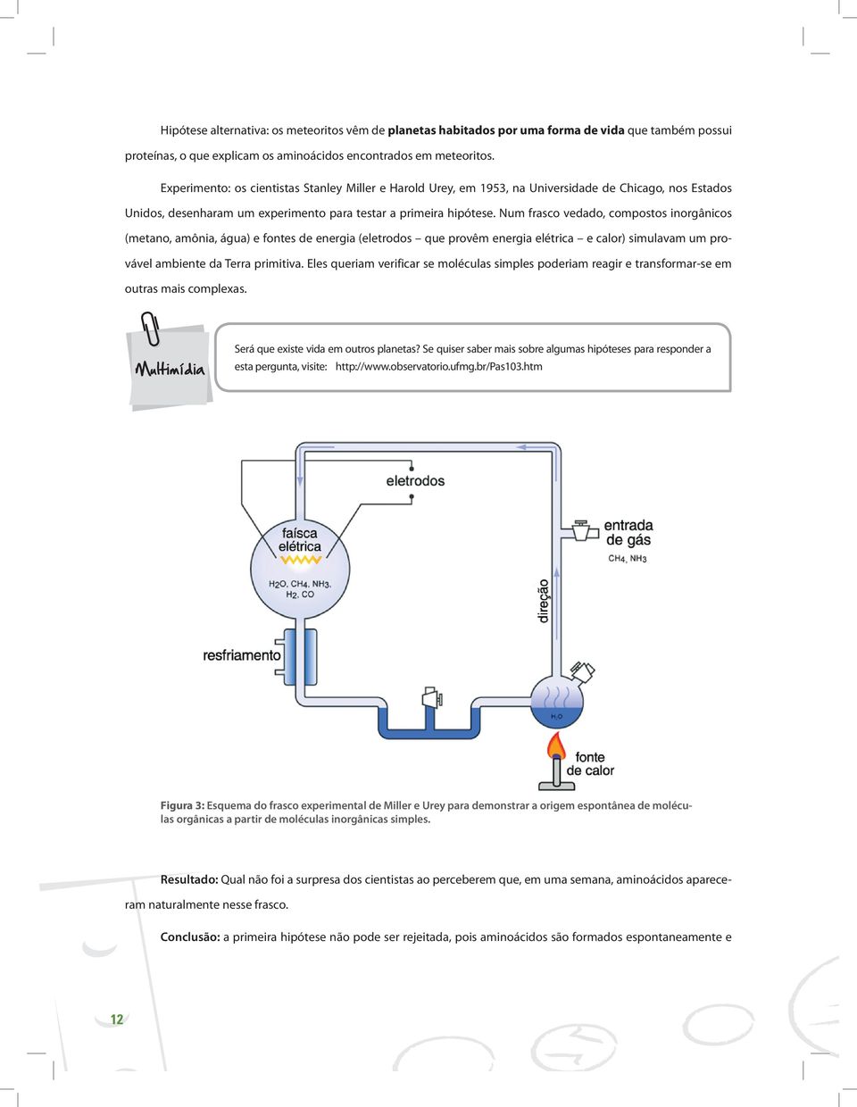 Num frasco vedado, compostos inorgânicos (metano, amônia, água) e fontes de energia (eletrodos que provêm energia elétrica e calor) simulavam um provável ambiente da Terra primitiva.