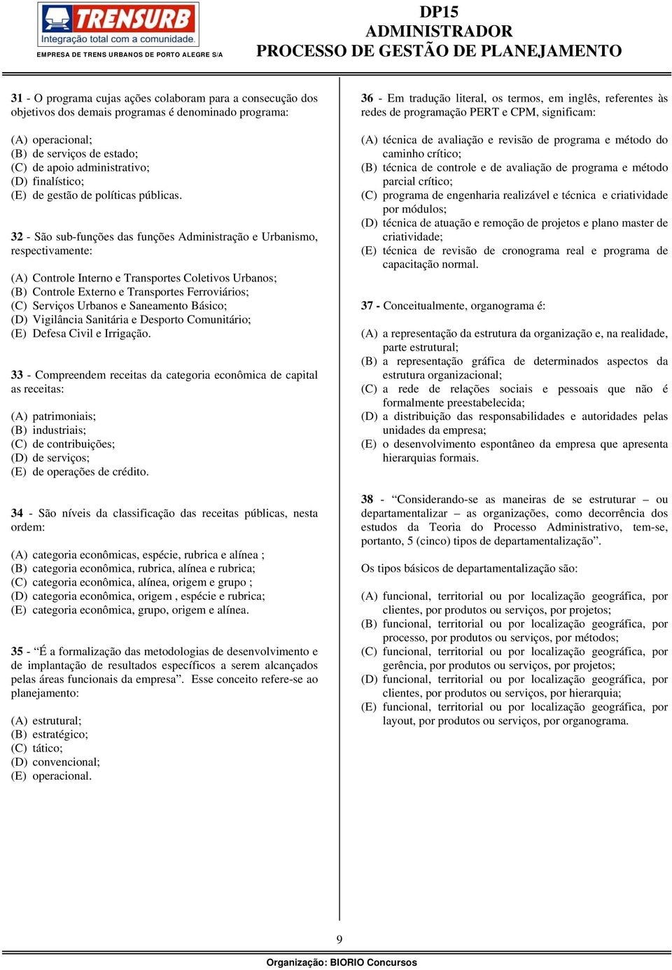 32 - São sub-funções das funções Administração e Urbanismo, respectivamente: (A) Controle Interno e Transportes Coletivos Urbanos; (B) Controle Externo e Transportes Ferroviários; (C) Serviços