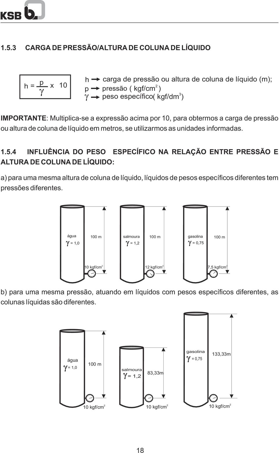 expressão acima por 10, para obtermos a carga de pressão ou altura de coluna de líquido em metros, se utilizarmos as unidades informadas. 1.5.