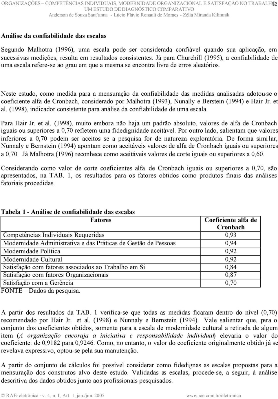 Já para Churchill (1995), a confiabilidade de uma escala refere-se ao grau em que a mesma se encontra livre de erros aleatórios.